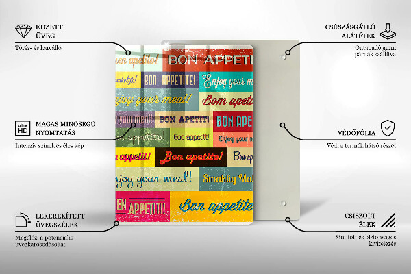 Üveg vágódeszka Feliratok Jó étvágyat nyelvek