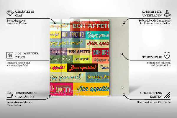 Üveg vágódeszka Feliratok Jó étvágyat nyelvek