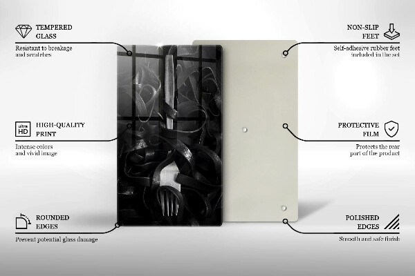 Üveg vágódeszka Fekete tészta és villa