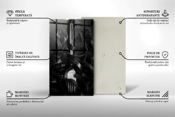 Üveg vágódeszka Fekete tészta és villa