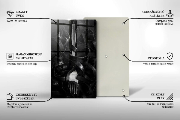 Üveg vágódeszka Fekete tészta és villa