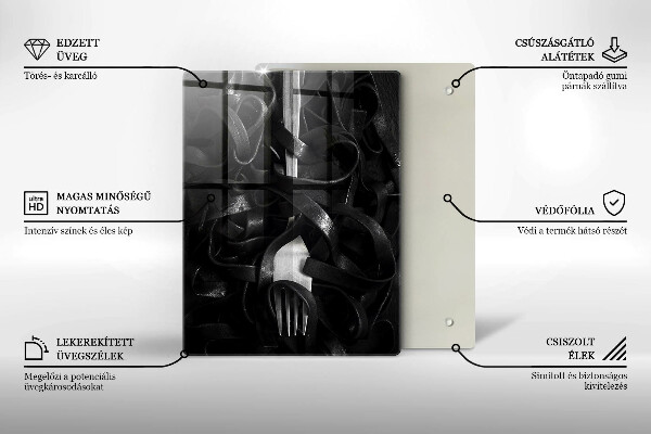 Üveg vágódeszka Fekete tészta és villa