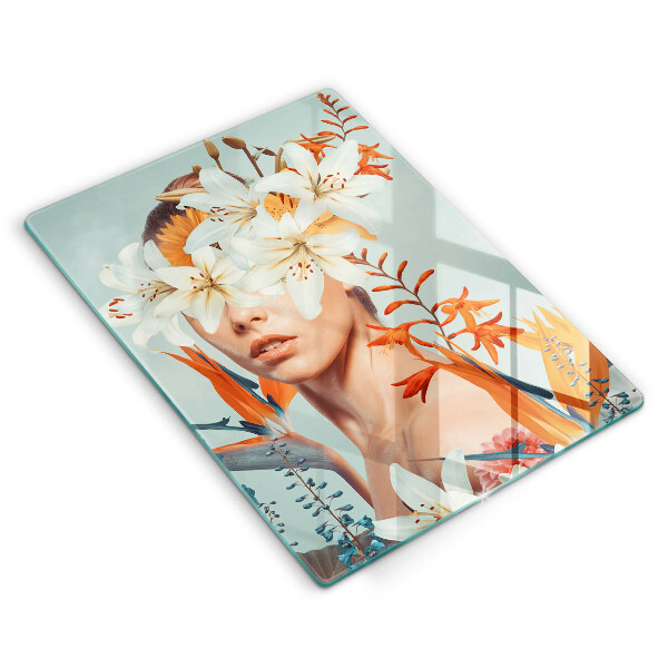 Üveg vágódeszka Nő virágban