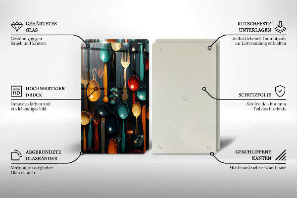 Üveg vágódeszka Színes kanalak és villák