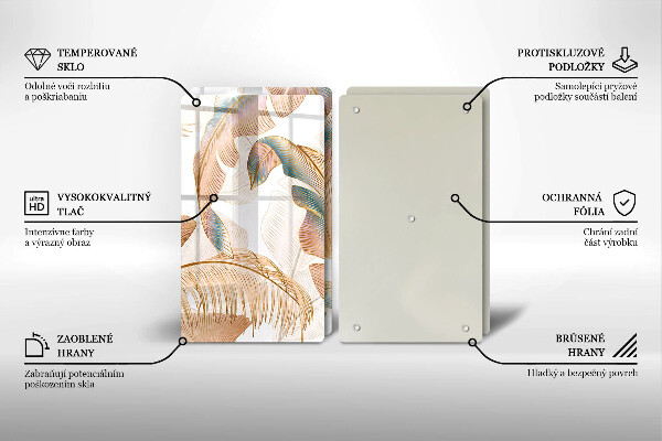 Üveg vágódeszka Boho tollak és levelek