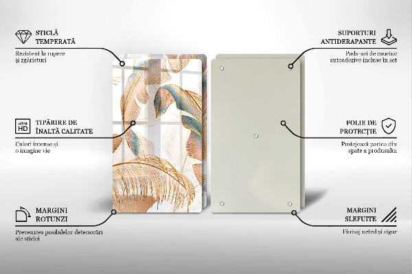 Üveg vágódeszka Boho tollak és levelek