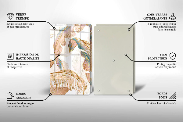 Üveg vágódeszka Boho tollak és levelek