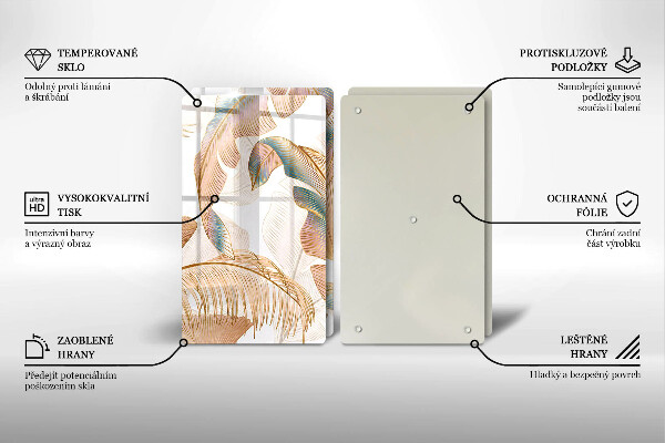 Üveg vágódeszka Boho tollak és levelek