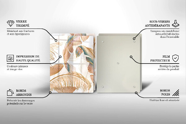 Üveg vágódeszka Boho tollak és levelek