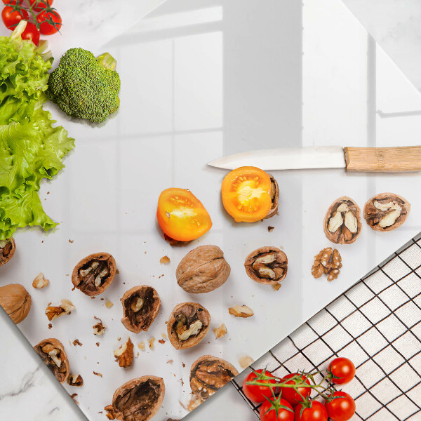 Üveg vágódeszka Dió fehér alapon