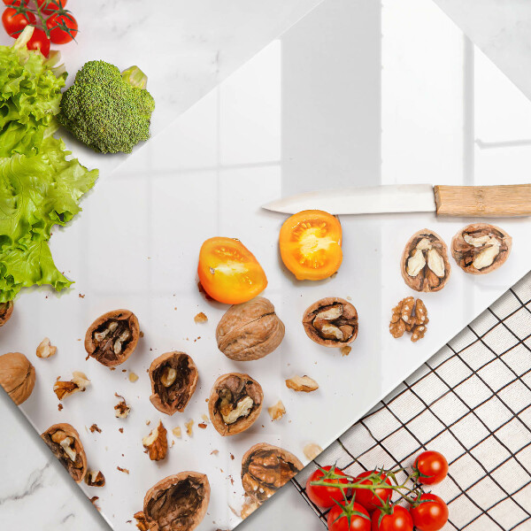 Üveg vágódeszka Dió fehér alapon