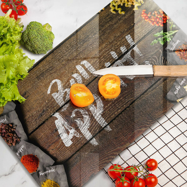Üveg vágódeszka Bon Appetit feliratos táblák