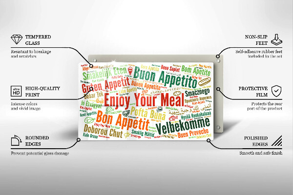 Üveg vágódeszka Feliratok Jó étvágyat nyelvek