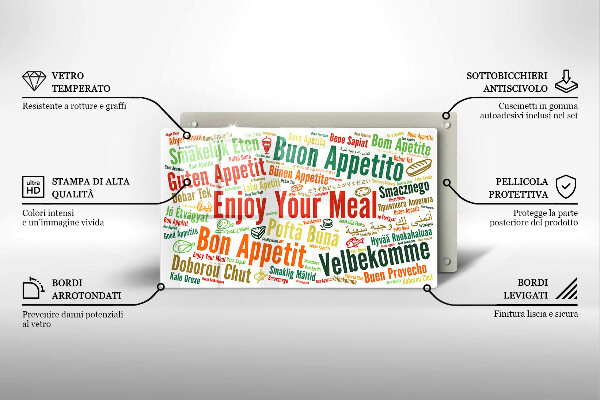 Üveg vágódeszka Feliratok Jó étvágyat nyelvek