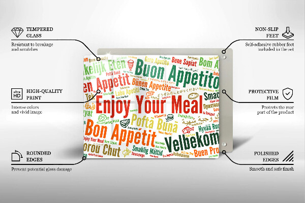 Üveg vágódeszka Feliratok Jó étvágyat nyelvek