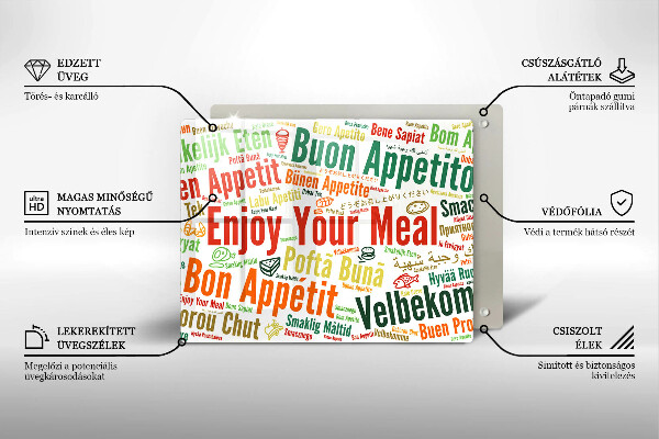 Üveg vágódeszka Feliratok Jó étvágyat nyelvek