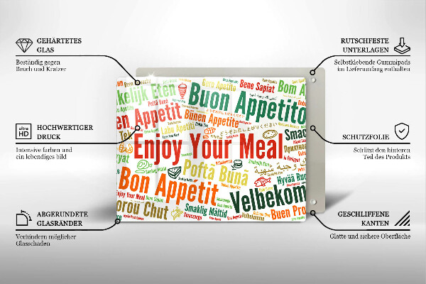 Üveg vágódeszka Feliratok Jó étvágyat nyelvek