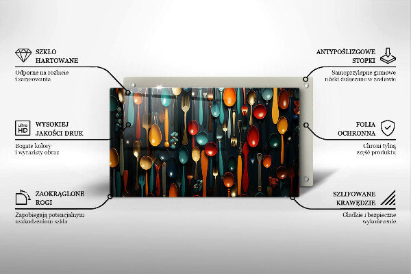 Üveg vágódeszka Színes kanalak és villák