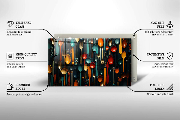 Üveg vágódeszka Színes kanalak és villák