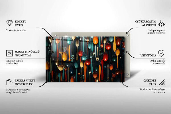 Üveg vágódeszka Színes kanalak és villák