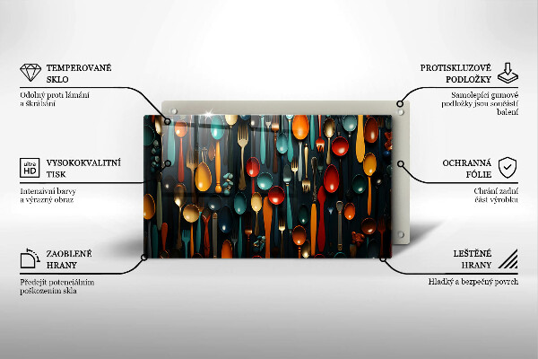 Üveg vágódeszka Színes kanalak és villák