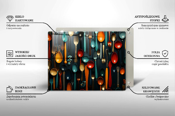 Üveg vágódeszka Színes kanalak és villák