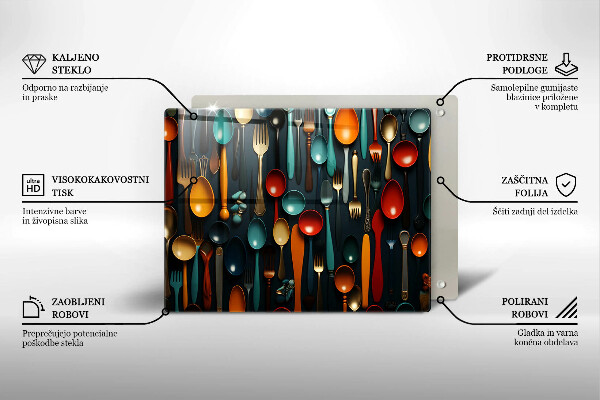 Üveg vágódeszka Színes kanalak és villák