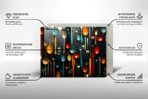 Üveg vágódeszka Színes kanalak és villák