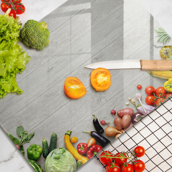 Üveg vágódeszka Zöldségek a táblákon