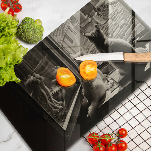 Üveg vágódeszka Macskák város és ablak