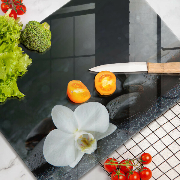 Üveg vágódeszka Fehér virág Zen kövek