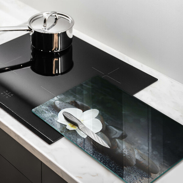 Üveg vágódeszka Fehér virág Zen kövek