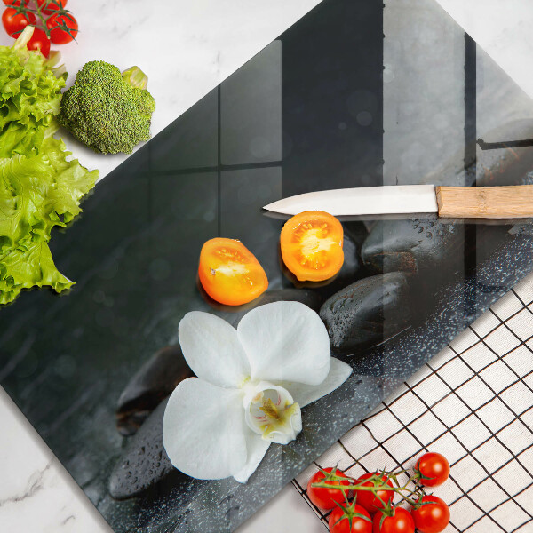 Üveg vágódeszka Fehér virág Zen kövek