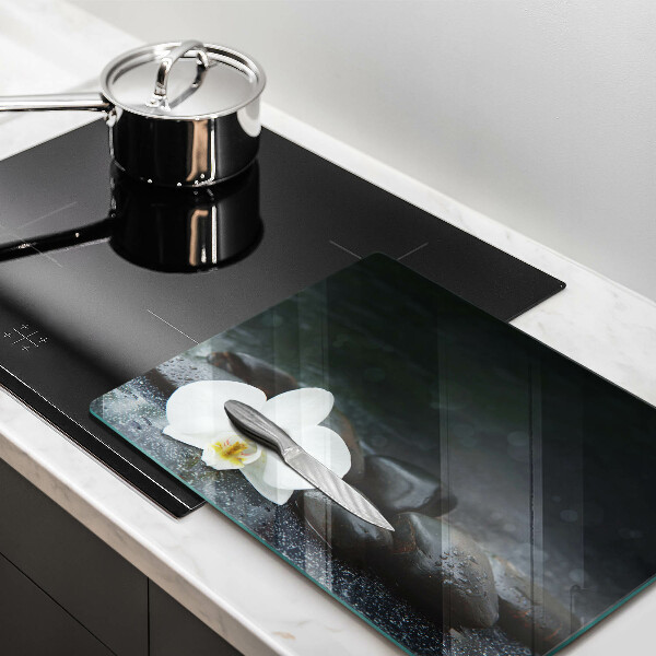 Üveg vágódeszka Fehér virág Zen kövek