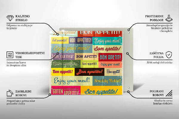 Üveg vágódeszka Feliratok Jó étvágyat nyelvek