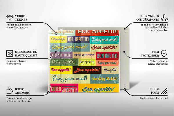 Üveg vágódeszka Feliratok Jó étvágyat nyelvek