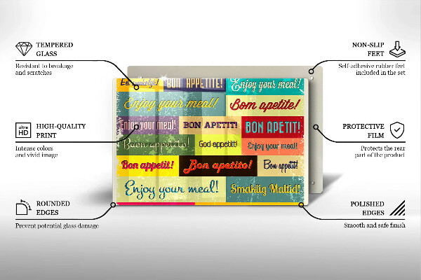 Üveg vágódeszka Feliratok Jó étvágyat nyelvek