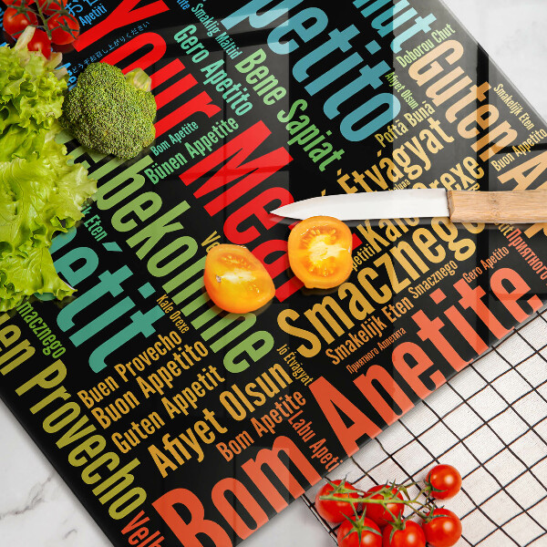 Üveg vágódeszka Feliratok Jó étvágyat nyelvek