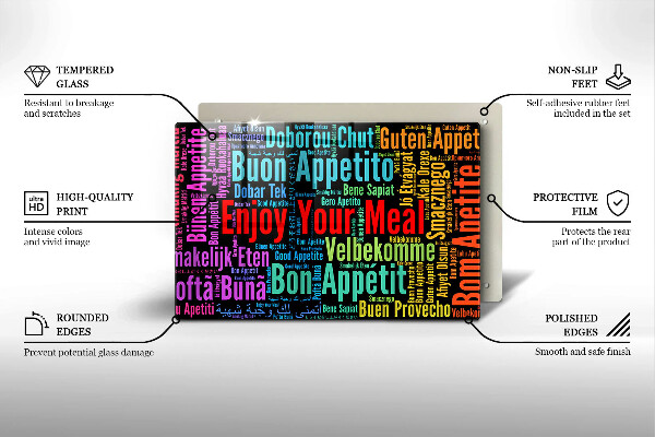 Üveg vágódeszka Feliratok Jó étvágyat nyelvek