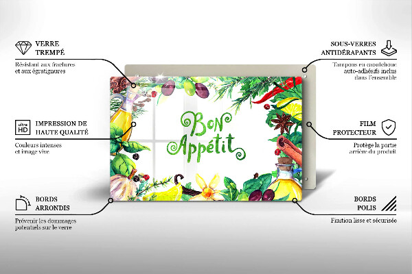 Üveg vágódeszka Bon Appetit felirat