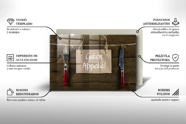 Üveg vágódeszka Guten Appetit felirat fa táblákon