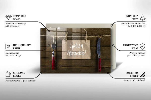 Üveg vágódeszka Guten Appetit felirat fa táblákon