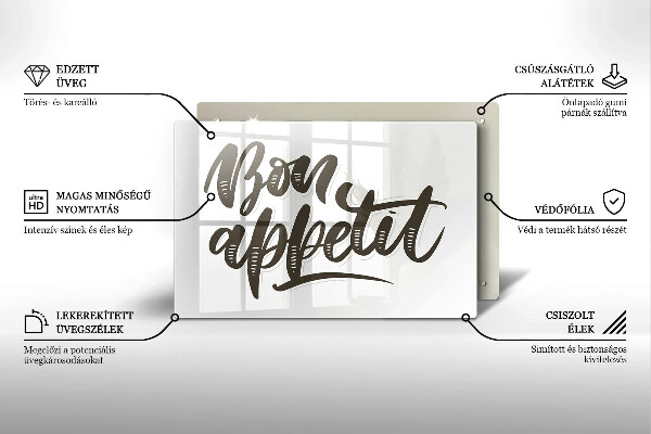 Üveg vágódeszka Bon Appetit felirat