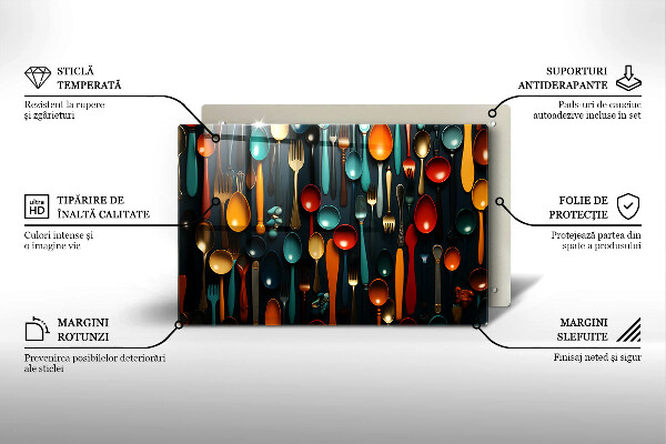 Üveg vágódeszka Színes kanalak és villák