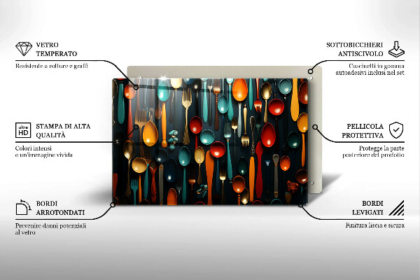 Üveg vágódeszka Színes kanalak és villák
