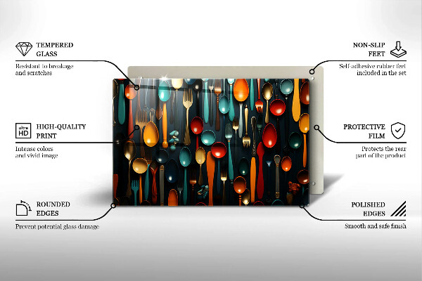 Üveg vágódeszka Színes kanalak és villák