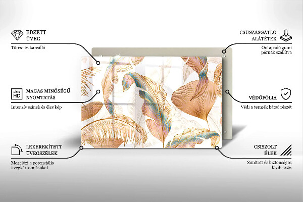 Üveg vágódeszka Boho tollak és levelek