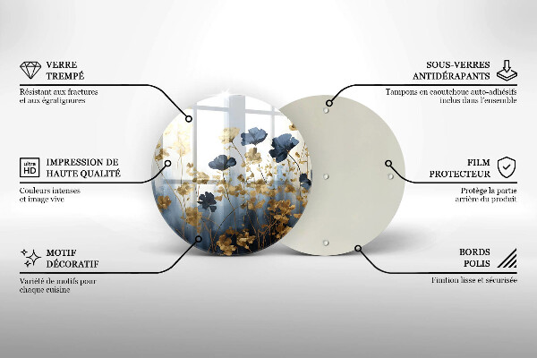 Üveg vágódeszka Kék és arany virágok