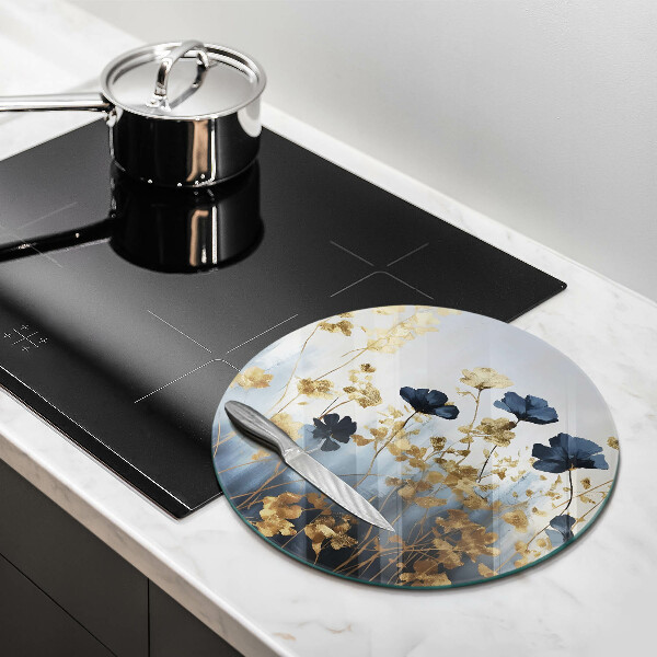 Üveg vágódeszka Kék és arany virágok