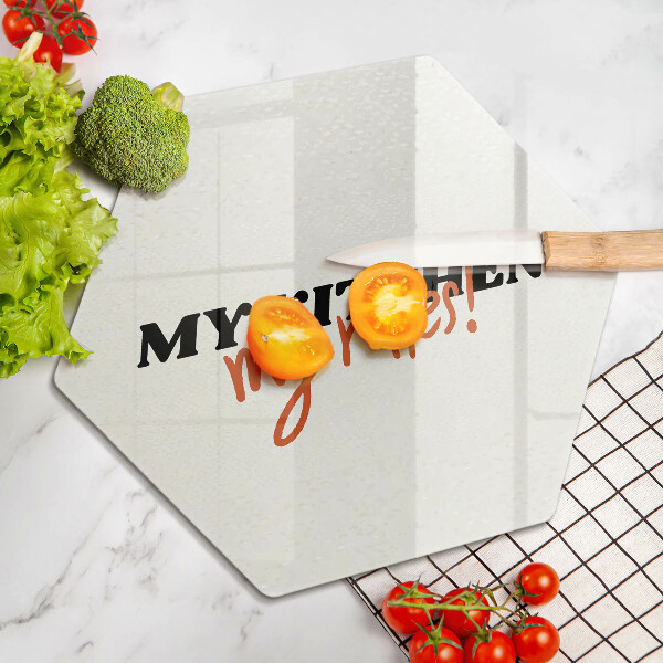 Üveg vágódeszka My kitchen my rules